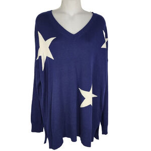 Laurie Felt Womens Cashmere Blend Intarsia V Neck Sweater Indigo Stars M A375435